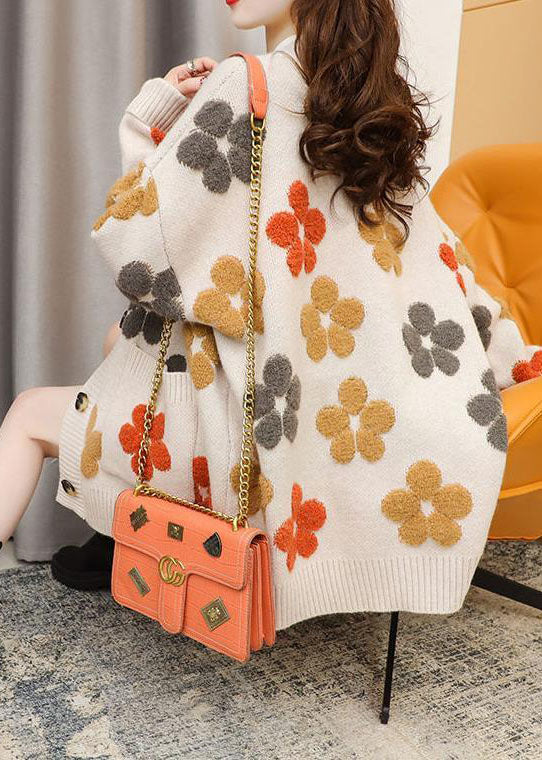 Beige V Neck Oversized Jacquard Knit Cardigan Winter