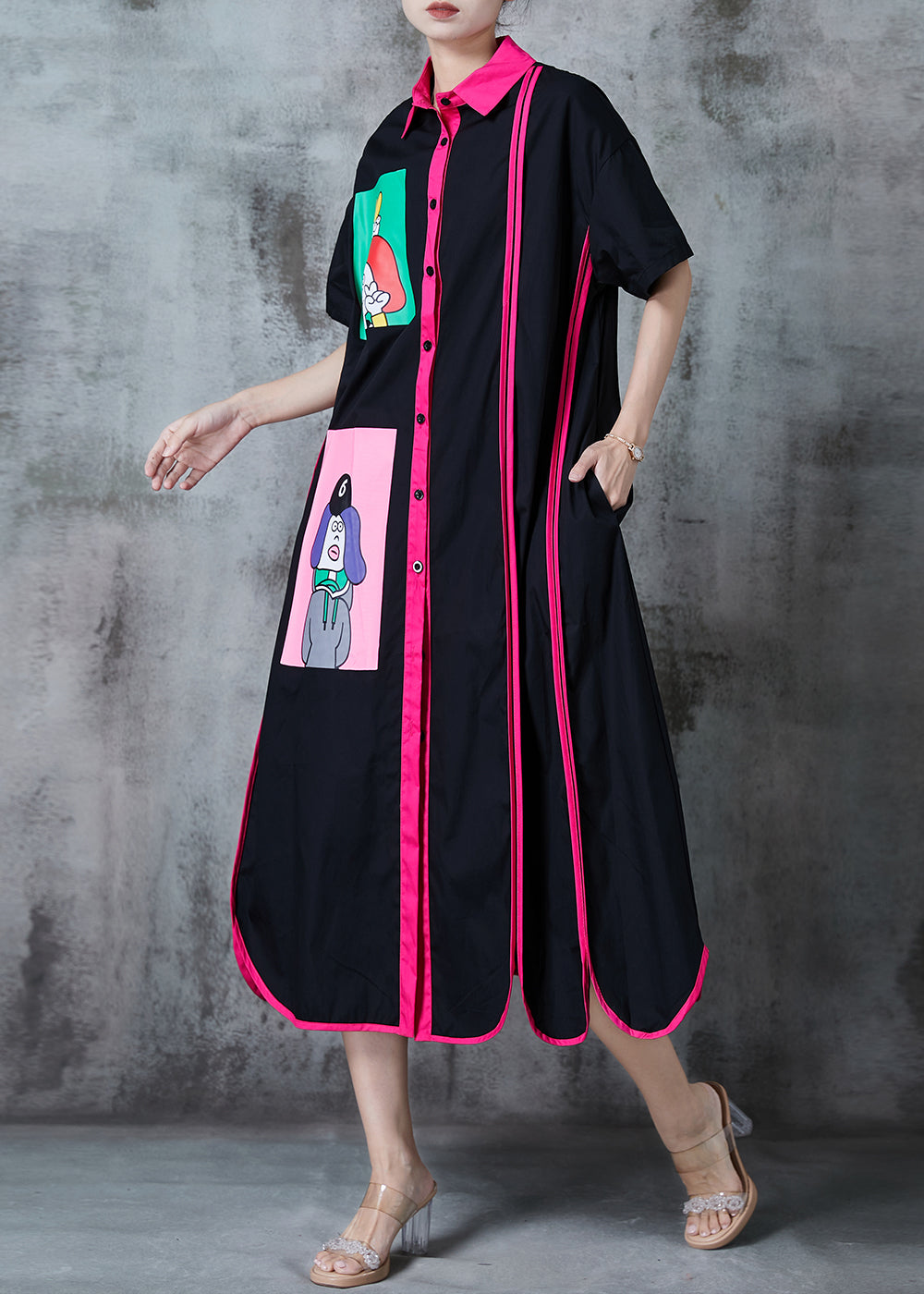 Black Applique Patchwork Cotton Vacation Dresses Summer
