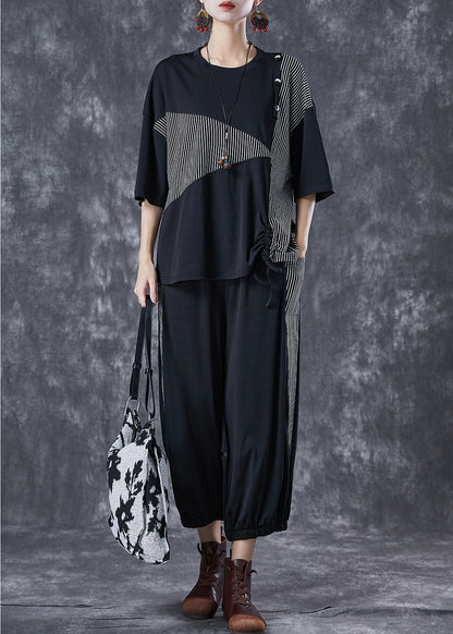 Black Cinched Patchwork Striped Cotton Two Piece Set Summer