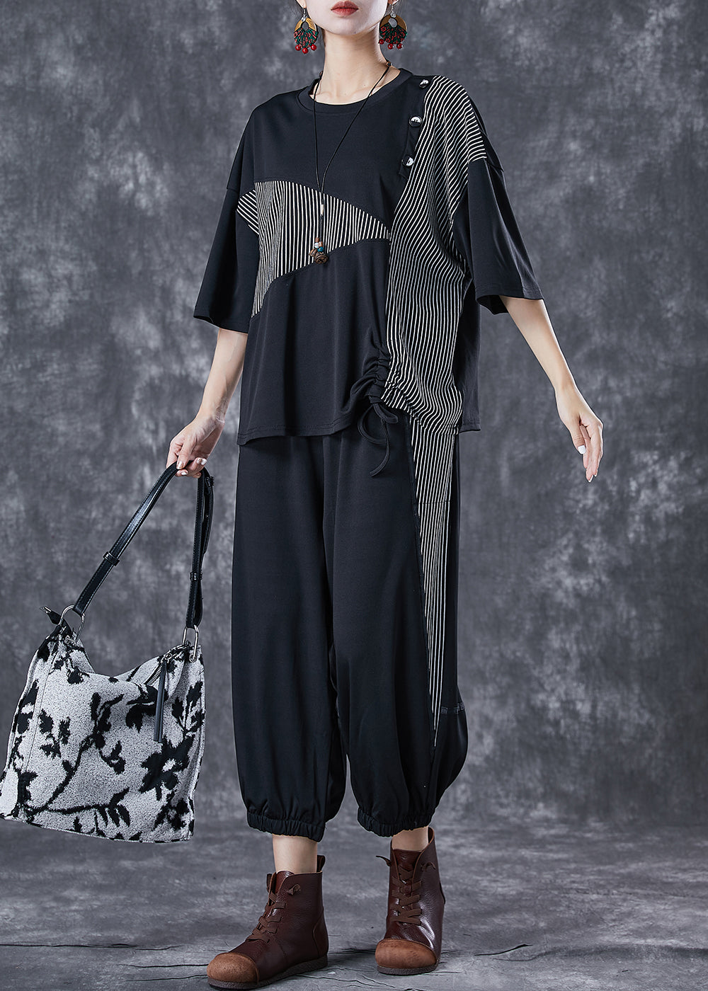 Black Cinched Patchwork Striped Cotton Two Piece Set Summer