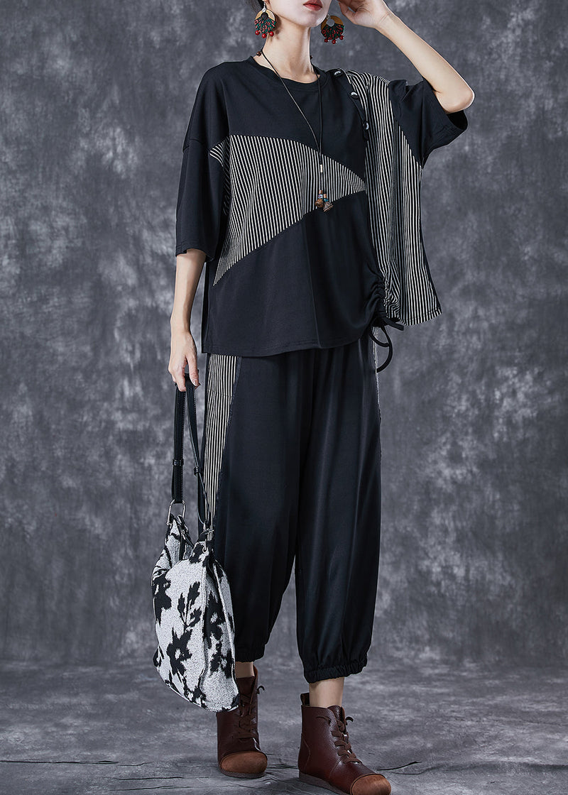 Black Cinched Patchwork Striped Cotton Two Piece Set Summer