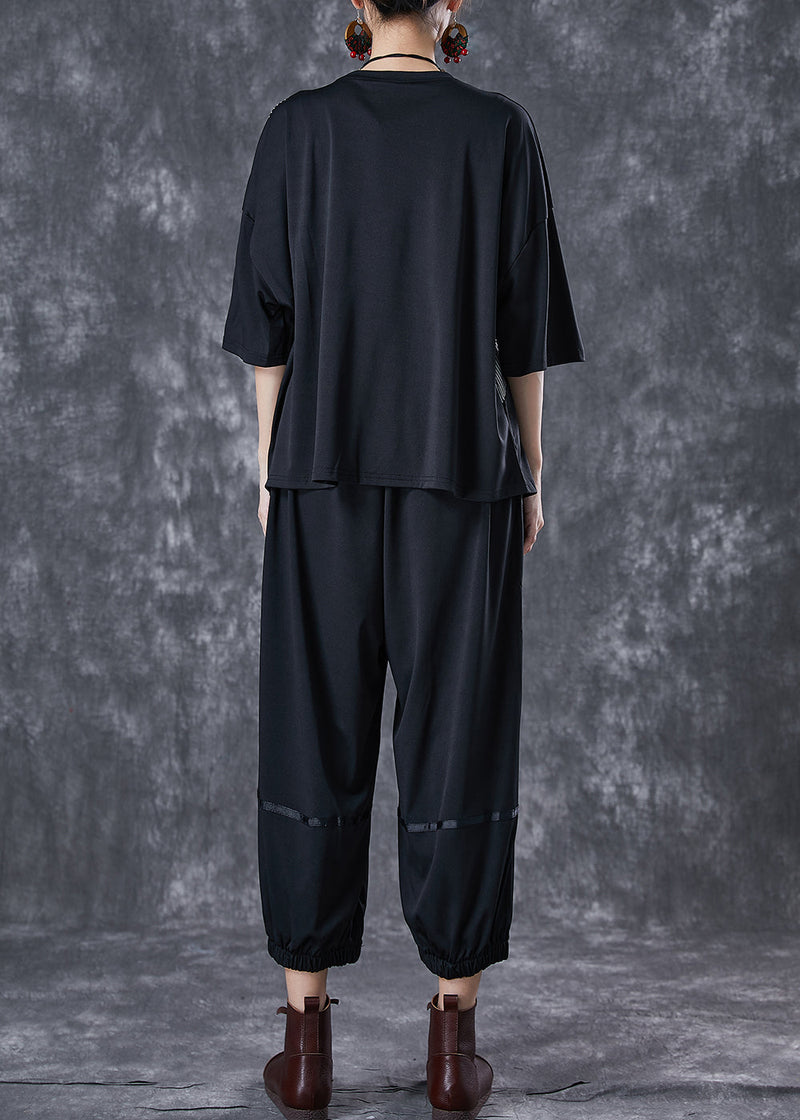 Black Cinched Patchwork Striped Cotton Two Piece Set Summer