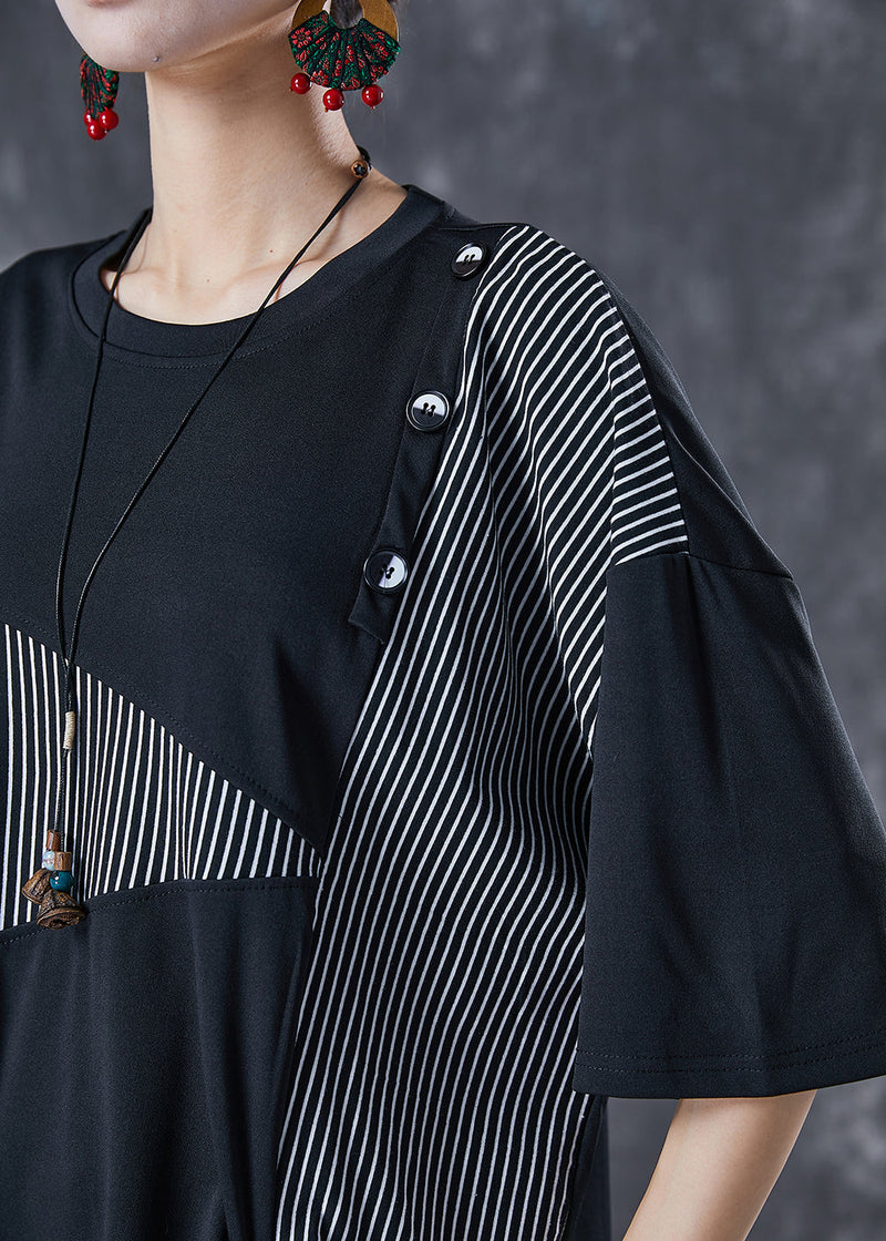 Black Cinched Patchwork Striped Cotton Two Piece Set Summer