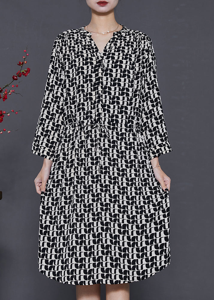 Black Cinched Print Silk Mid Dress Summer