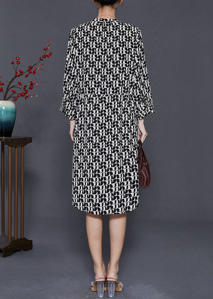 Black Cinched Print Silk Mid Dress Summer