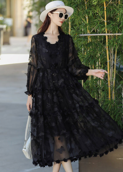 Black Embroidered Butterfly Silk Dress Summer