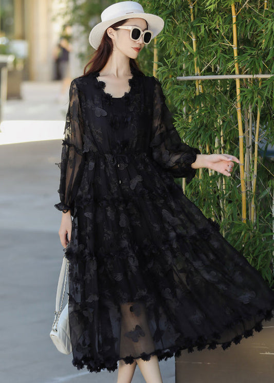 Black Embroidered Butterfly Silk Dress Summer
