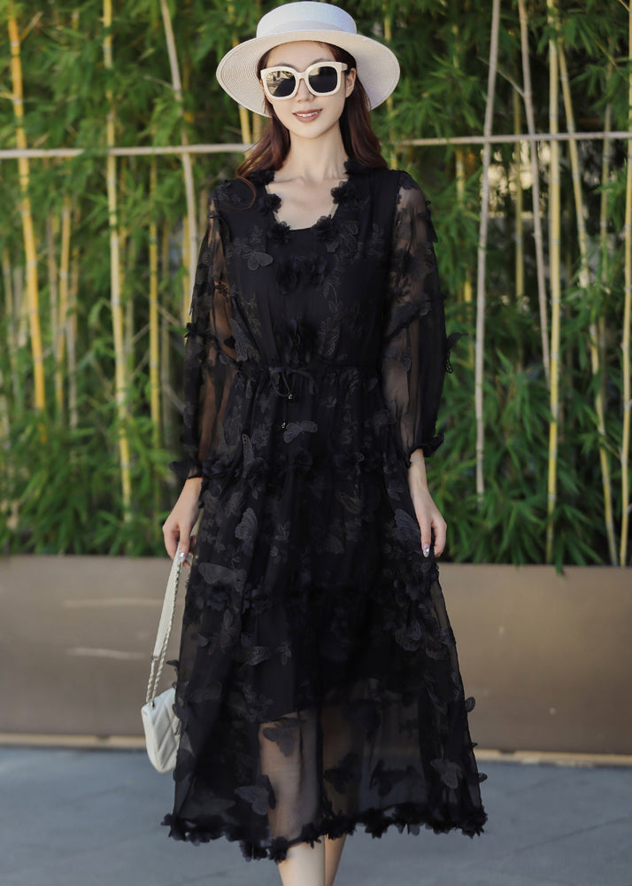 Black Embroidered Butterfly Silk Dress Summer