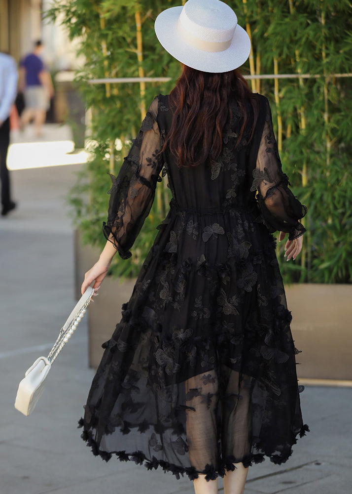Black Embroidered Butterfly Silk Dress Summer