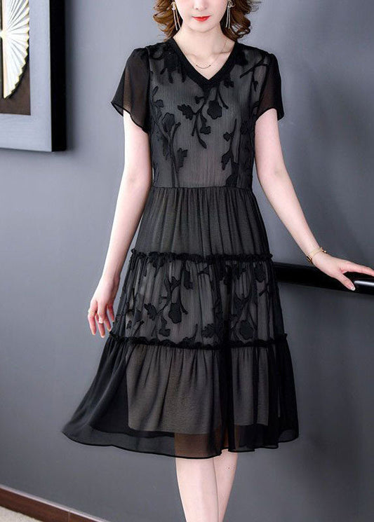 Black Embroideried Patchwork Ruffled Chiffon Maxi Dresses Summer