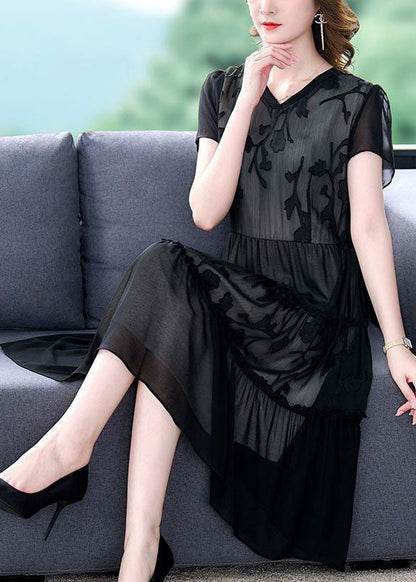 Black Embroideried Patchwork Ruffled Chiffon Maxi Dresses Summer