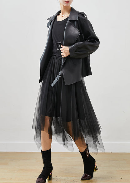 Black Faux Leather Coats and Tull Dress Two Piece Set Clothing Spring
