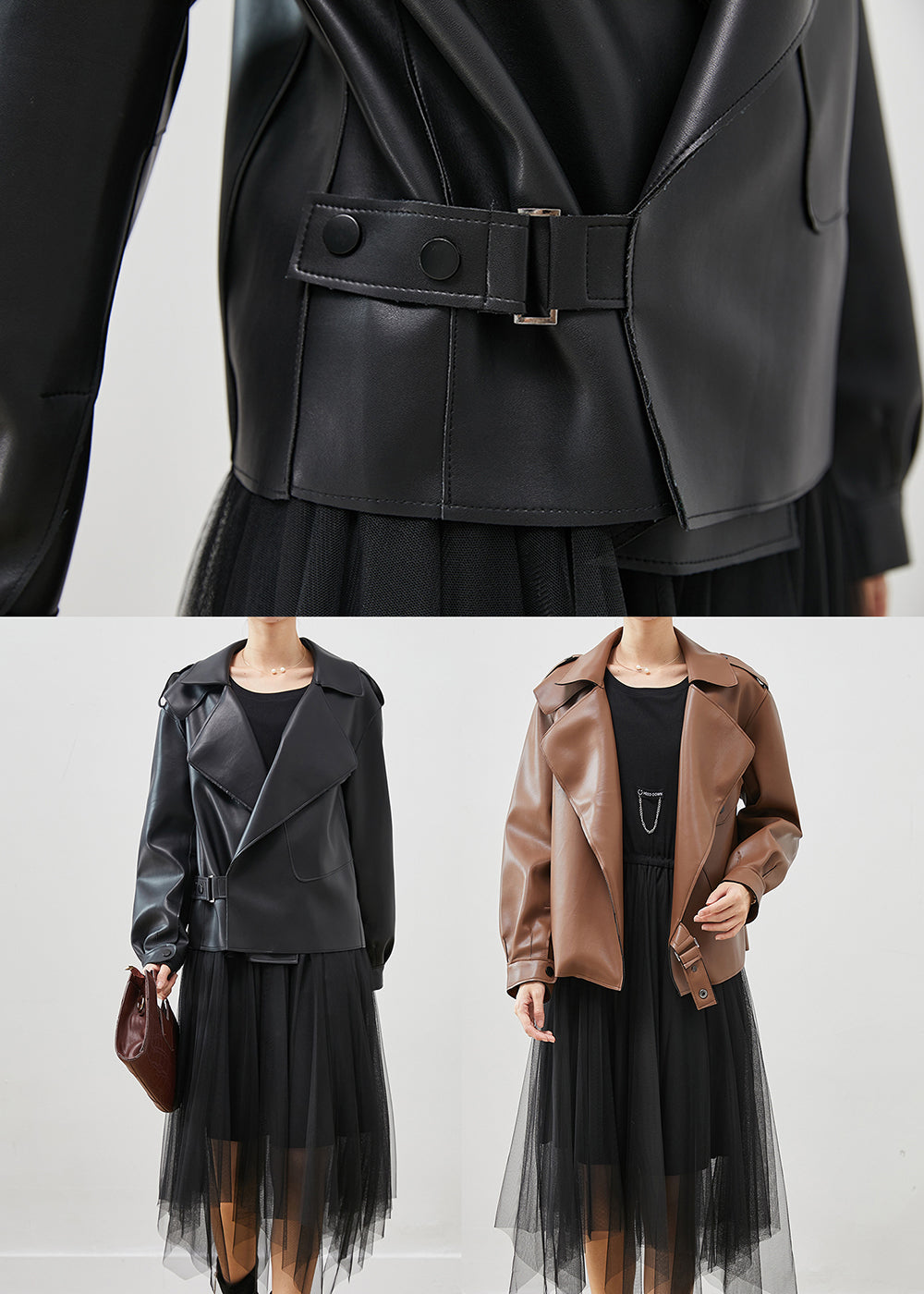 Black Faux Leather Coats and Tull Dress Two Piece Set Clothing Spring