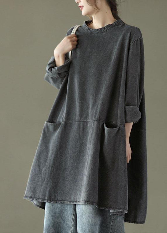 Black Grey O-neck Pockets Denim Long Dresses Long Sleeve