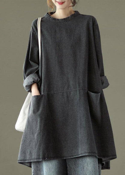 Black Grey-blue Flower O-neck Pockets Denim Long Dresses Long Sleeve