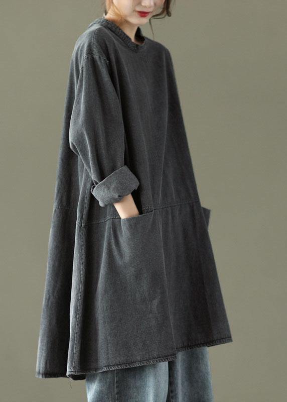 Black Grey-blue Flower O-neck Pockets Denim Long Dresses Long Sleeve