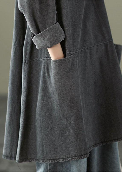 Black Grey O-neck Pockets Denim Long Dresses Long Sleeve