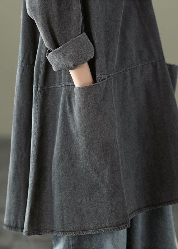 Black Grey-blue Flower O-neck Pockets Denim Long Dresses Long Sleeve