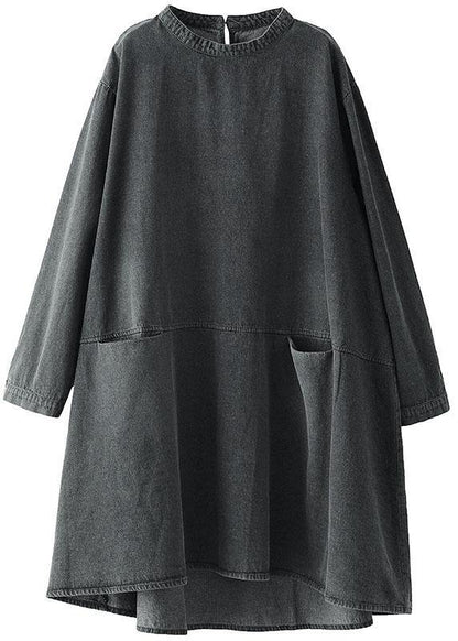 Black Grey-flower O-neck Pockets Denim Long Dresses Long Sleeve