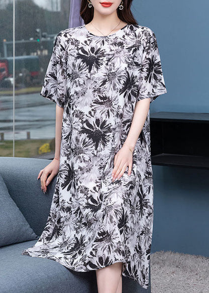 Black Grey O Neck Print Patchwork Chiffon Dresses Half Sleeve