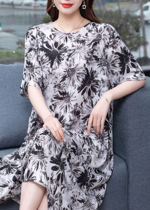 Black Grey O Neck Print Patchwork Chiffon Dresses Half Sleeve