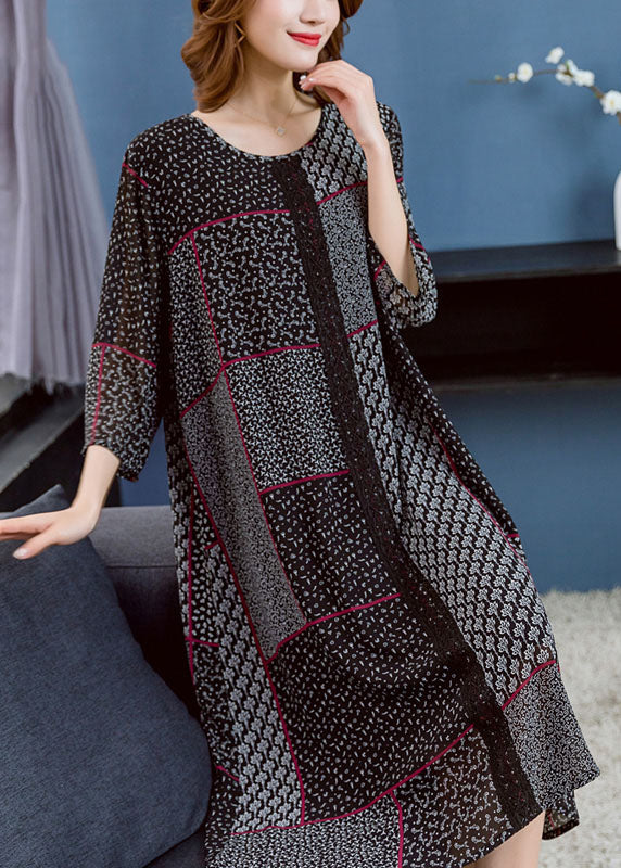 Black O Neck Asymmetrical Design Patchwork Chiffon Dresses Summer