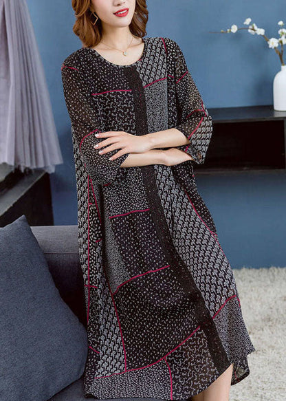 Black O Neck Asymmetrical Design Patchwork Chiffon Dresses Summer