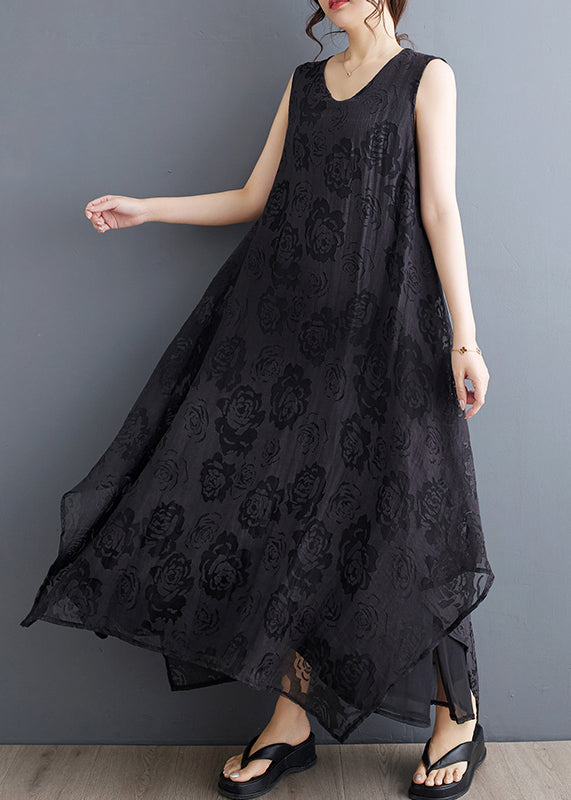 Black O-neck Asymmetrical Hollow Out Holiday Lace Maxi Dress Summer