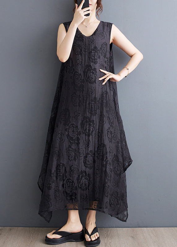 Black O-neck Asymmetrical Hollow Out Holiday Lace Maxi Dress Summer
