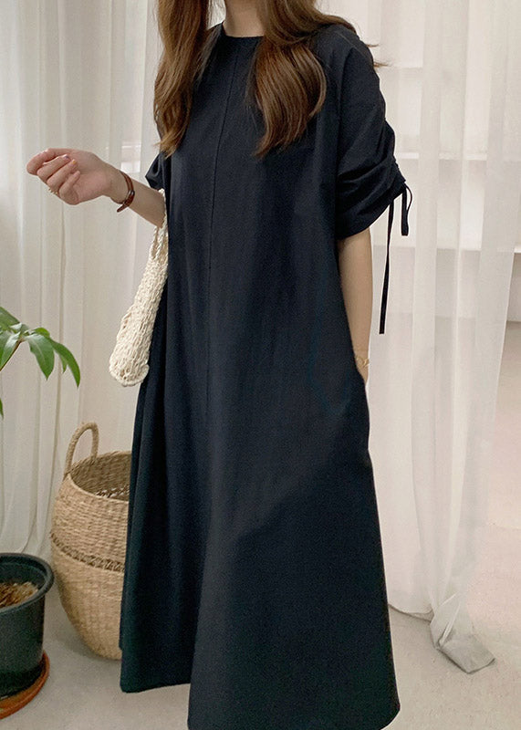 Black O-neck Drawstring Cotton Long Dress Summer