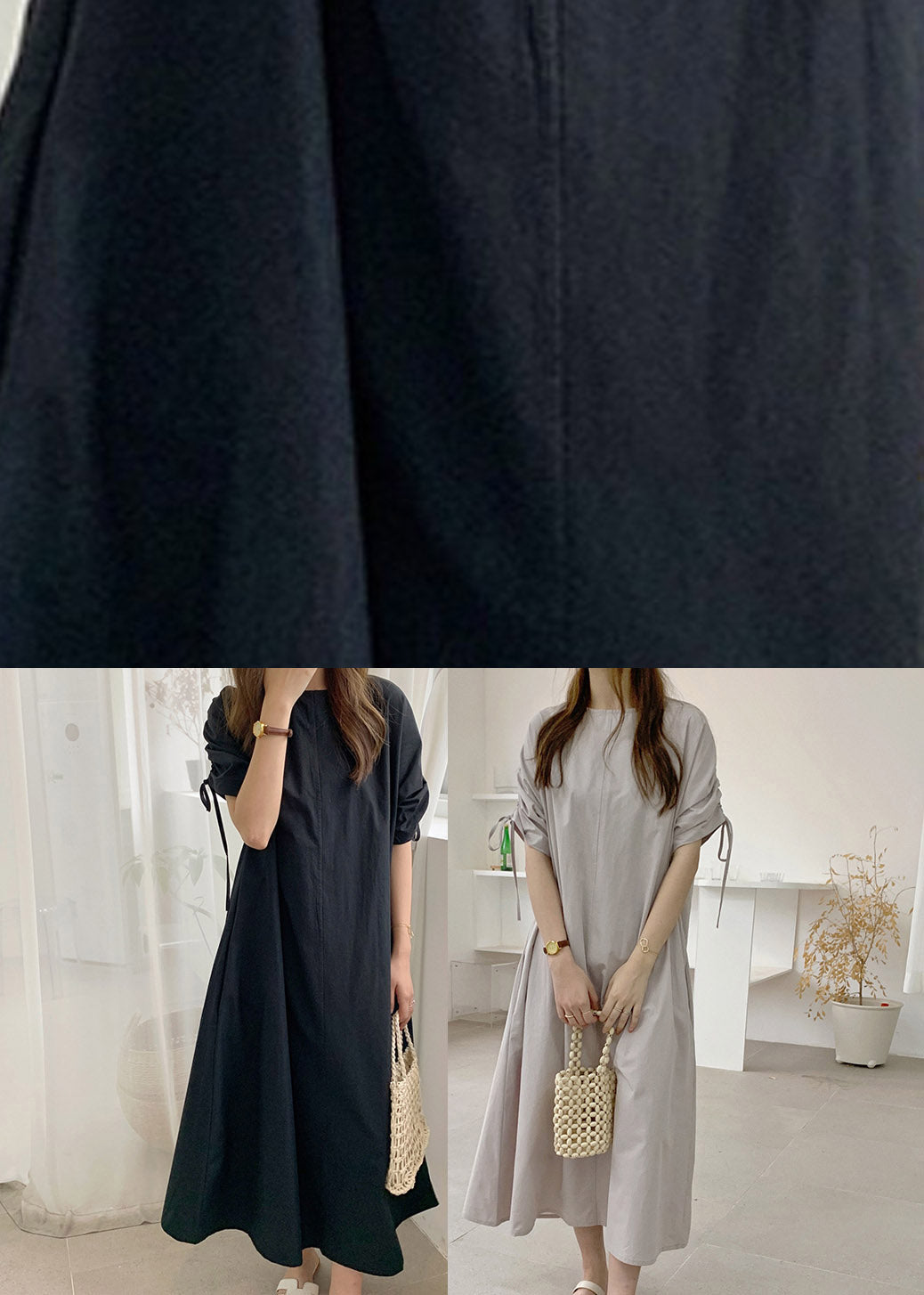 Black O-neck Drawstring Cotton Long Dress Summer