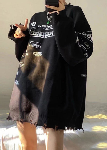 Black O-neck Graphic Loose Fall Knit Sweaters