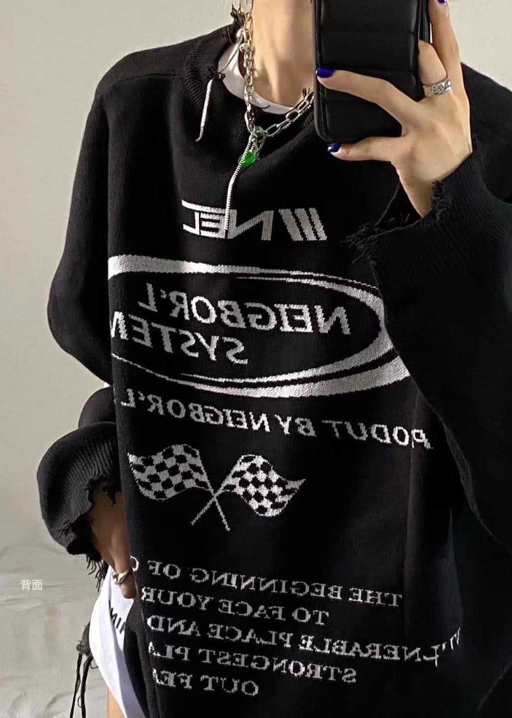 Black O-neck Graphic Loose Fall Knit Sweaters