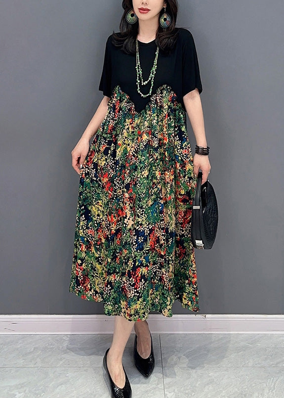 Black O-neck Patchwork Print Long Dress Short Sleeve