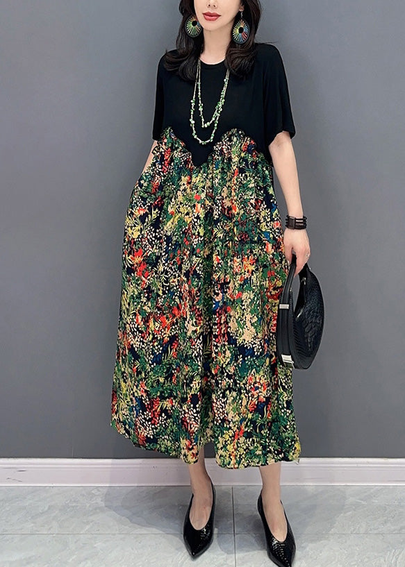 Black O-neck Patchwork Print Long Dress Short Sleeve