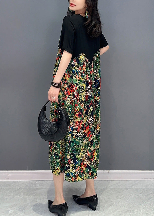 Black O-neck Patchwork Print Long Dress Short Sleeve