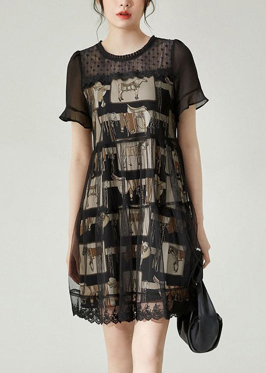 Black O-neck Patchwork Tulle Mid Dress Summer