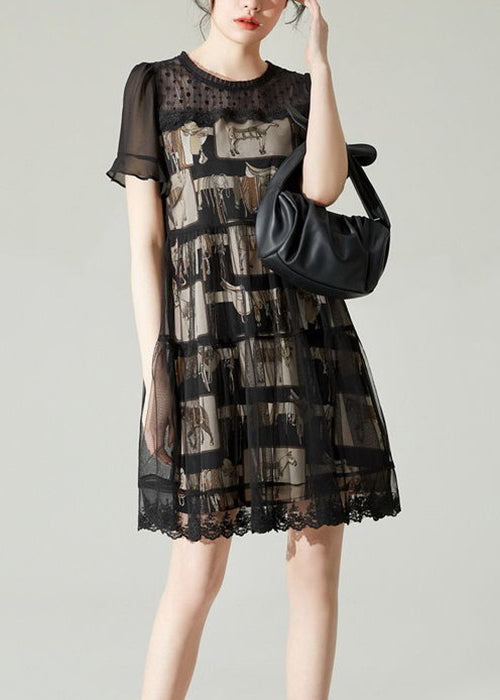 Black O-neck Patchwork Tulle Mid Dress Summer