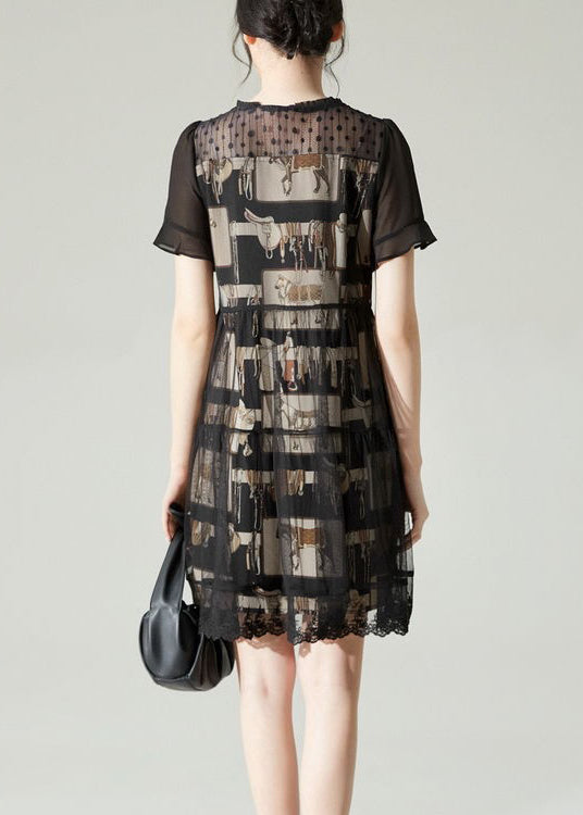 Black O-neck Patchwork Tulle Mid Dress Summer