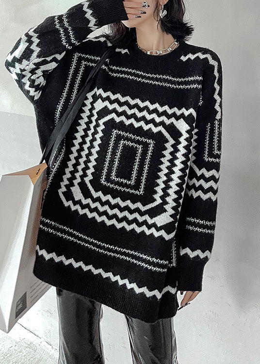 Black O-neck Plaid Cozy Thick Knit Sweater Winter