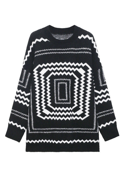 Black O-neck Plaid Cozy Thick Knit Sweater Winter