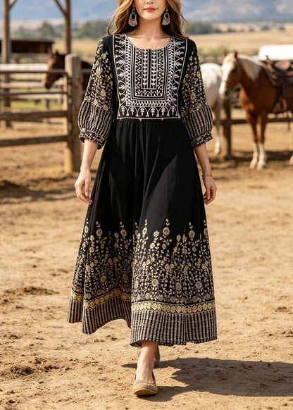 Black O Neck Print Cotton Long Dresses Summer