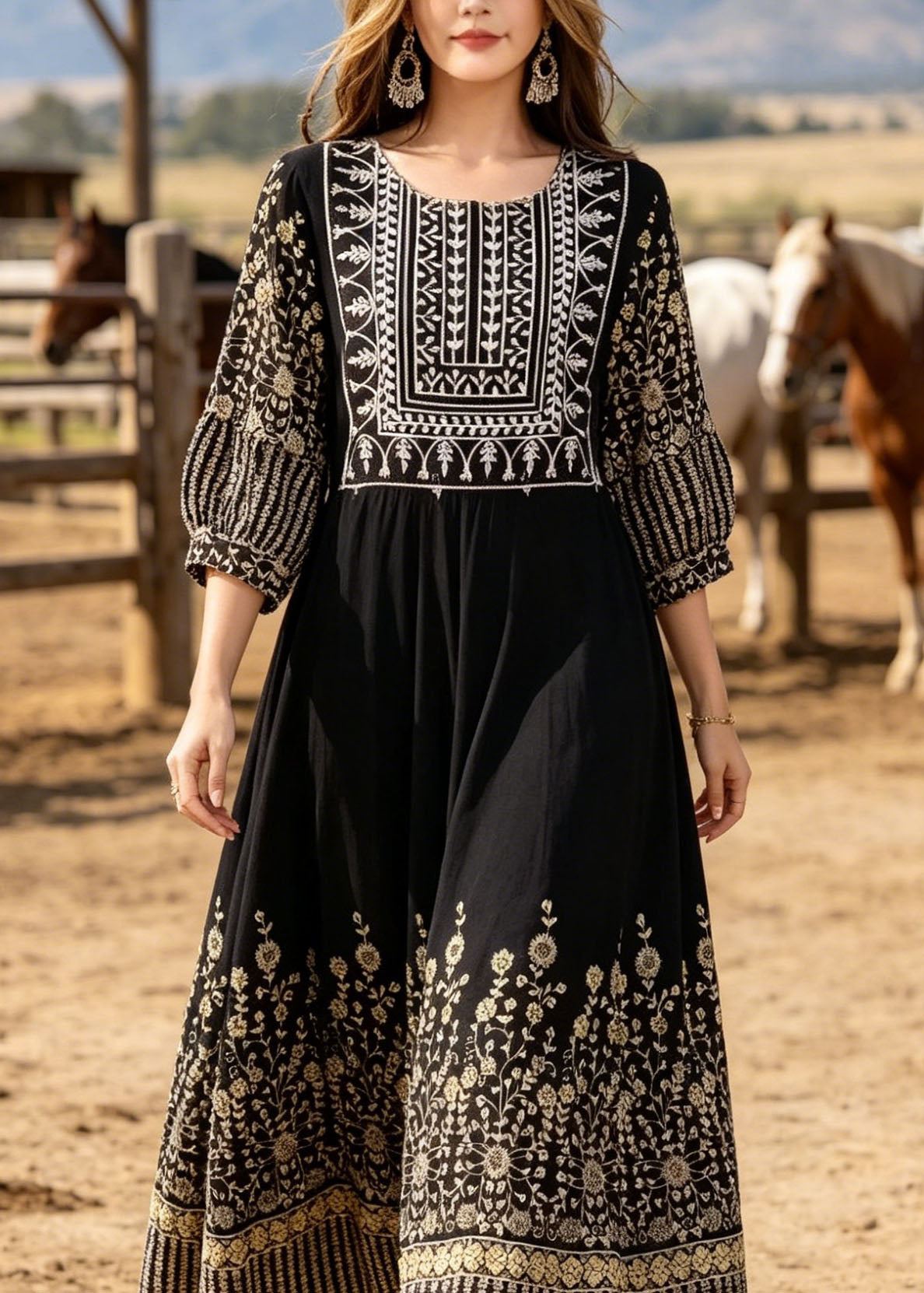 Black O Neck Print Cotton Long Dresses Summer