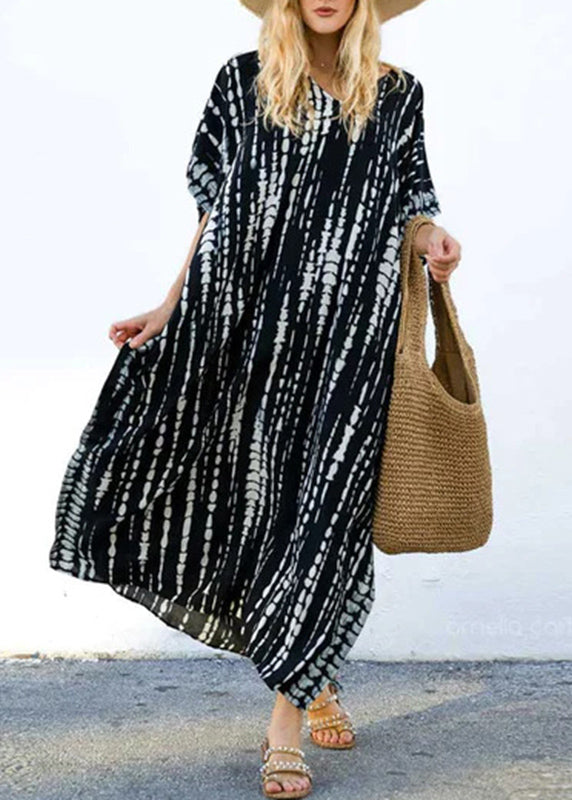 Black O-neck Striped Side Open Maxi Dresses Short Sleeve