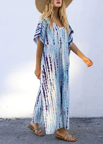 Black O-neck Striped Side Open Maxi Dresses Short Sleeve