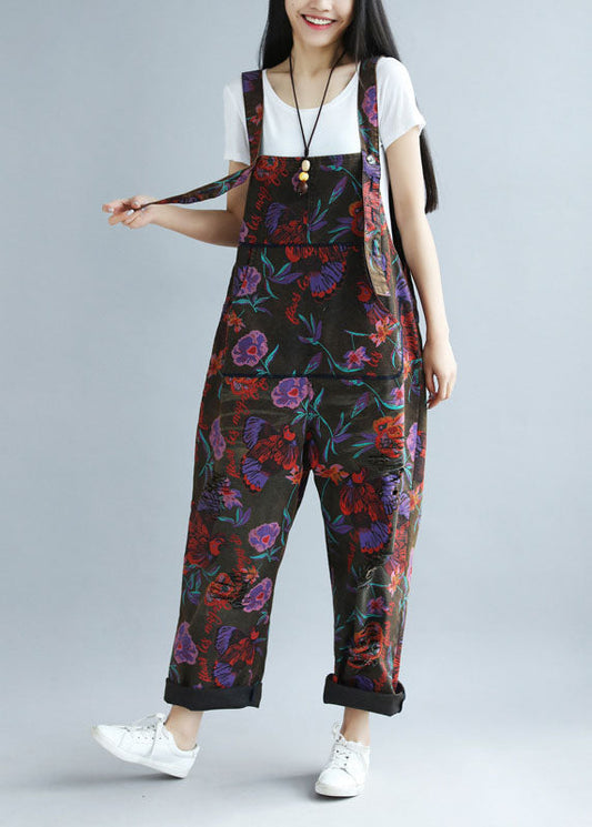 Black Oversized Butterfly Print Ripped Cotton Overalls Jumpsuit Spring