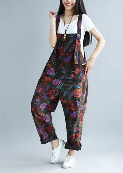 Black Oversized Butterfly Print Ripped Cotton Overalls Jumpsuit Spring