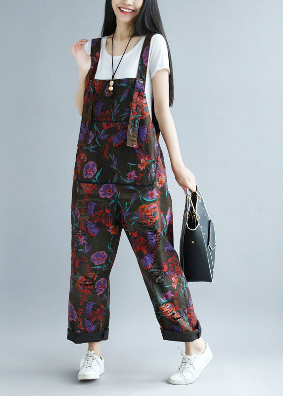 Black Oversized Butterfly Print Ripped Cotton Overalls Jumpsuit Spring