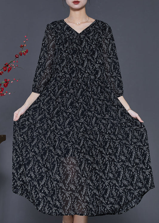 Black Oversized Print Chiffon Dress Half Sleeve