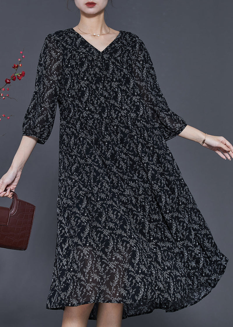 Black Oversized Print Chiffon Dress Half Sleeve